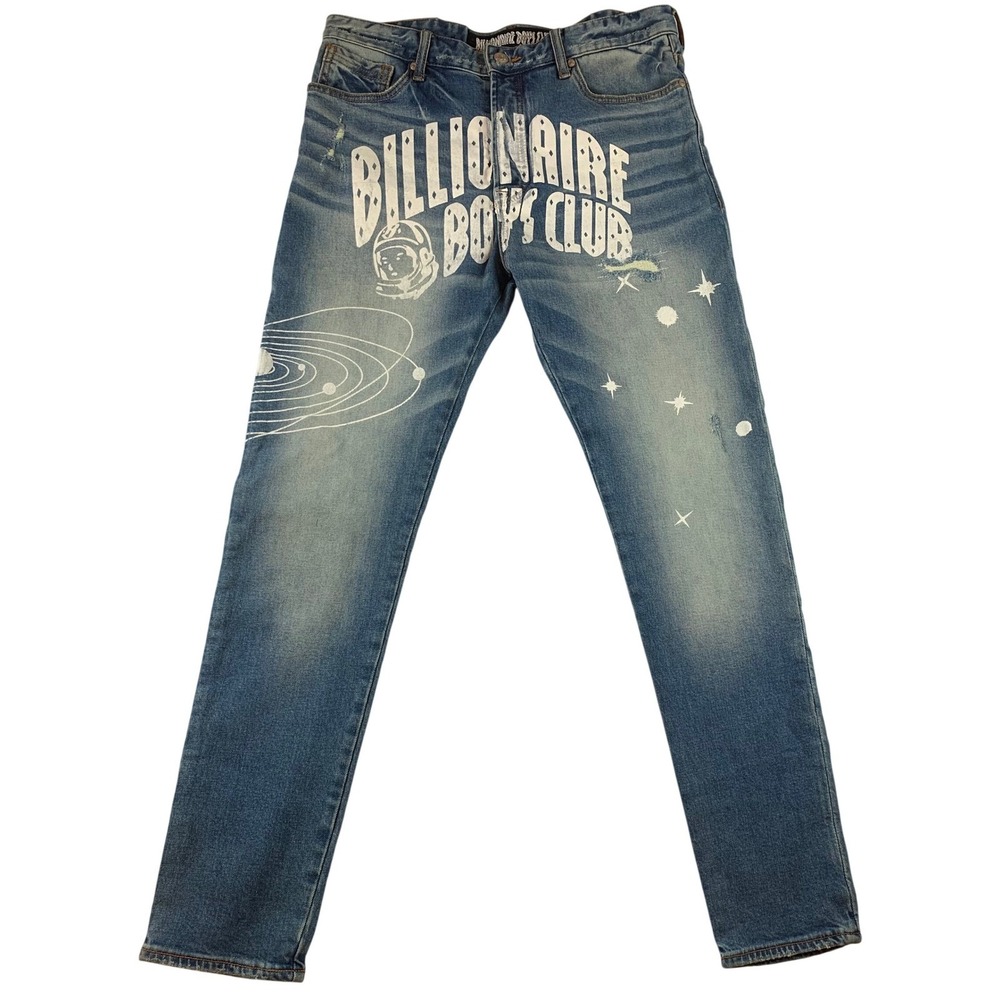 Billionaire Boys Club Mens Distressed Graphic Jeans Blue Size 34 Button Fly BBC